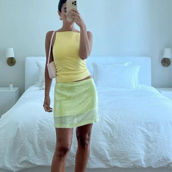 New Zara Sequin High Waist Yellow Mini Skirt Large NWOT - Picture 9 of 17